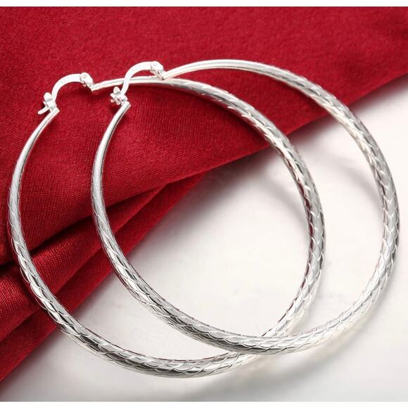 925 sterling silver color Earrings 70MM Shiny Big Wave pattern hoop earrings - Picture 3 of 6